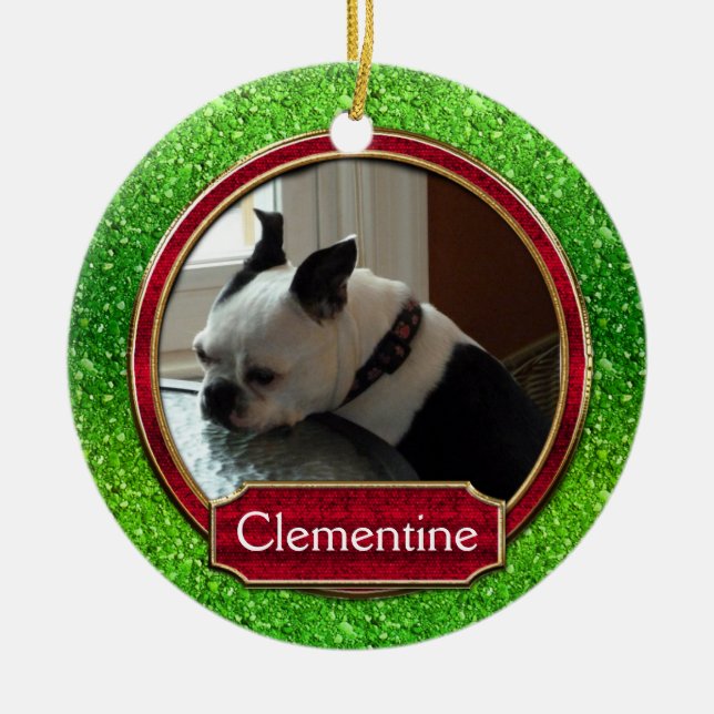 Ornamento De Cerâmica Foto de Gato de Cão Vermelho Verde Foco Natal (Frente)