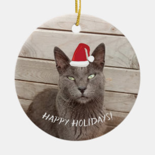 Ornamento De Cerâmica Foto de gato de Natal feliz