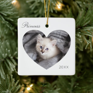 Ornamento De Cerâmica Foto de gato de quadro mínimo de coração branco