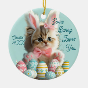 Ornamento De Cerâmica Foto de Gato Fofo Orelhas de Coelho Azul