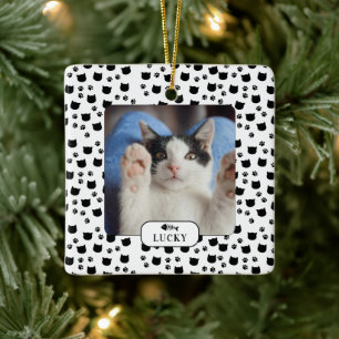 Ornamento De Cerâmica Foto de gato personalizada com impressão de pata