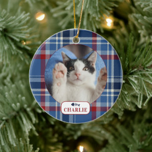 Ornamento De Cerâmica Foto de gato personalizada com xadrez azul 
