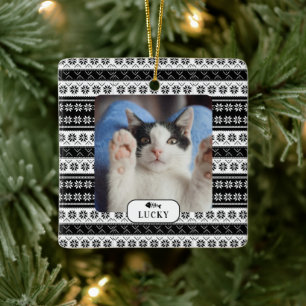 Ornamento De Cerâmica Foto de gato personalizada em malha preta