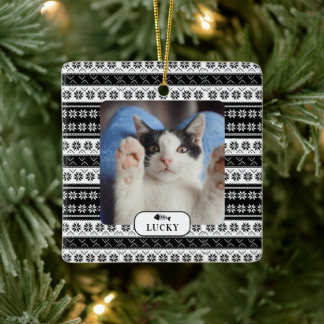 Ornamento De Cerâmica Foto de gato personalizada em malha preta
