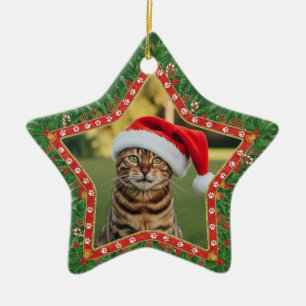 Ornamento De Cerâmica Foto de Gato Personalizada Estrela Formato Natal