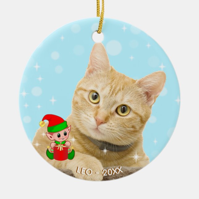 Ornamento De Cerâmica Foto de Ginger Tabby Personalizada com Elf de Ging (Frente)