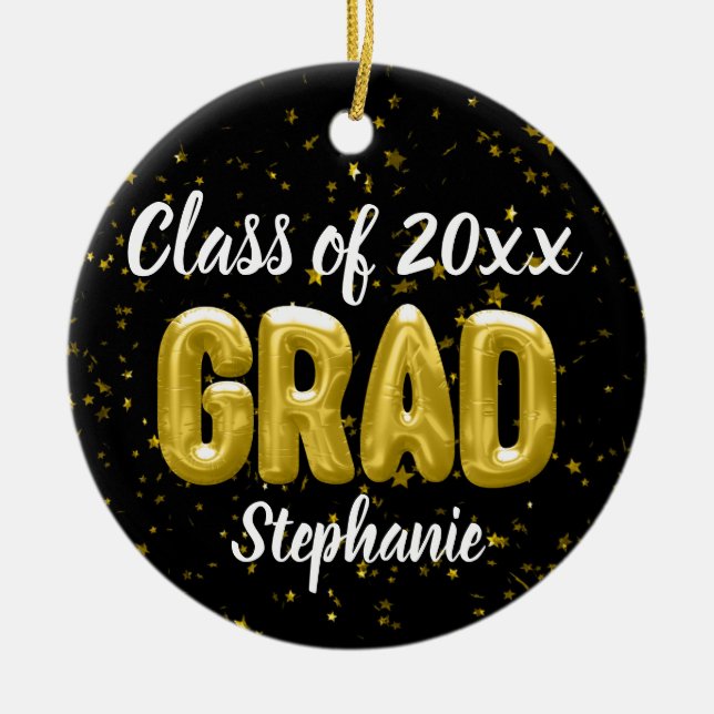 Ornamento De Cerâmica Foto de Graduação de Mais velho dos Balões Dourado (Frente)