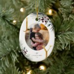 Ornamento De Cerâmica Foto de Joy Ouro Rustic Winter Boughs<br><div class="desc">Corante-d-água da floresta de inverno ramos e bagas,  letras falsas de folha de ouro,  ornamento de manutenção de fotos da família.</div>