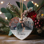 Ornamento De Cerâmica Foto de Lua de mel de legenda personalizada<br><div class="desc">Comemore sua lua de mel ou uma férias especiais com este ornamento elegante com uma foto em cada lado. Personalize com sua legenda personalizada usando duas linhas de texto personalizado em cada lado,  em letras negras em uma camada branca pura.</div>