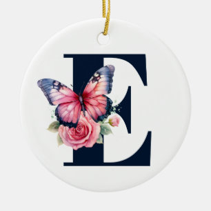 Ornamento De Cerâmica Foto de Monograma Azul Marinho Borboleta Rosa Aqua