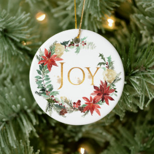 Ornamento De Cerâmica Foto de Natal "Alegria" com Pinheiro e Abeto Nevad