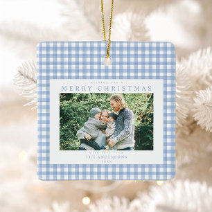 Ornamento De Cerâmica Foto de Natal Blue Gingham