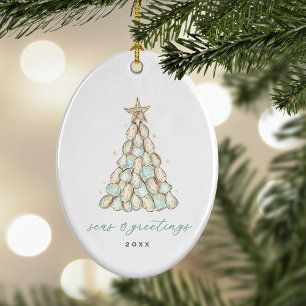 Ornamento De Cerâmica Foto de Natal com Conchas de Ostra Costeira