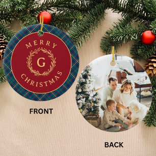 Ornamento De Cerâmica Foto de Natal com Coroa de Monograma Vintage em Xa