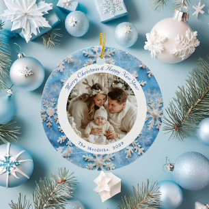 Ornamento De Cerâmica Foto de Natal com Floco de Neve Azul e Arredondado