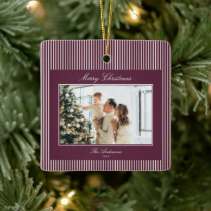 Ornamento De Cerâmica Foto de Natal com Listras de Ameixa Elegante