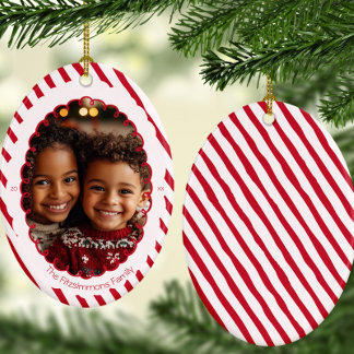 Ornamento De Cerâmica Foto de Natal com Listras Modernas de Bastão de Do