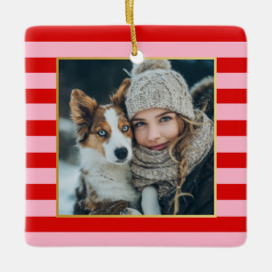 Ornamento De Cerâmica Foto de Natal com Listras Rosa e Vermelho