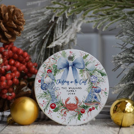 Ornamento De Cerâmica Foto de Natal Costeira com Laço Azul