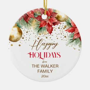 Ornamento De Cerâmica Foto de Natal da Elegant Watercolor Poinsettia