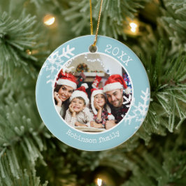 Ornamento De Cerâmica Foto de Natal da Família Azul com Flocos de Neve