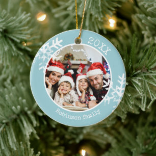 Ornamento De Cerâmica Foto de Natal da Família Azul com Flocos de Neve
