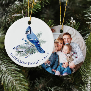 Ornamento De Cerâmica Foto de Natal da Família do Pássaro Azul de Invern