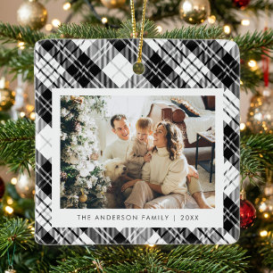 Ornamento De Cerâmica Foto de Natal da Família em Xadrez Preto e Branco 