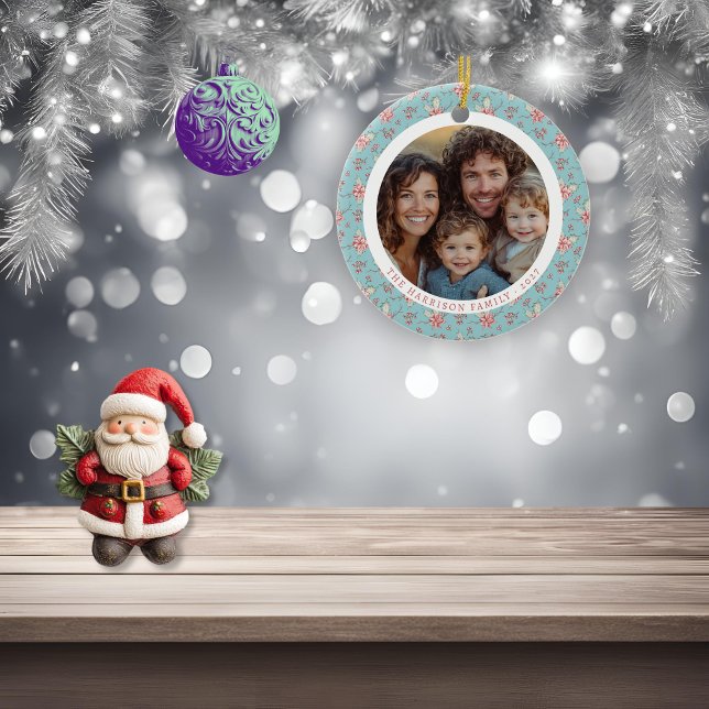 Ornamento De Cerâmica Foto de Natal da Holly de Ovo de Pato Elegante (elegant duck egg blue holly photo hanging decoration)