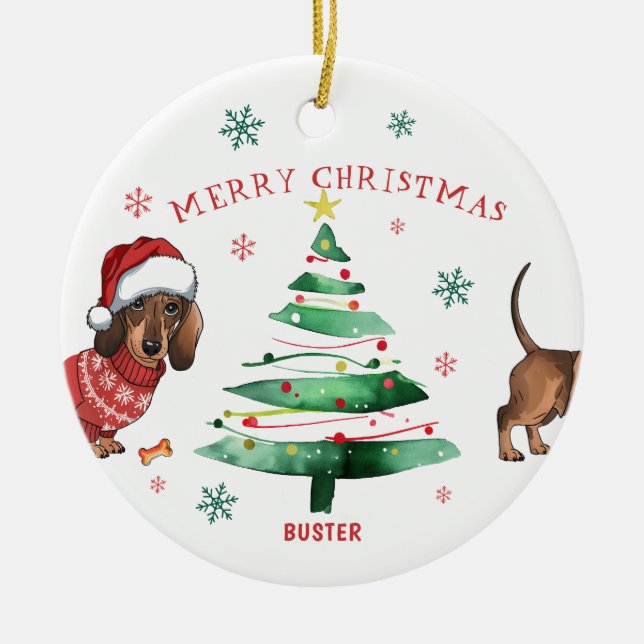 Ornamento De Cerâmica Foto de Natal Dachshund (Frente)