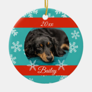 Ornamento De Cerâmica Foto de Natal de Animal de Estimação Datada Azul F