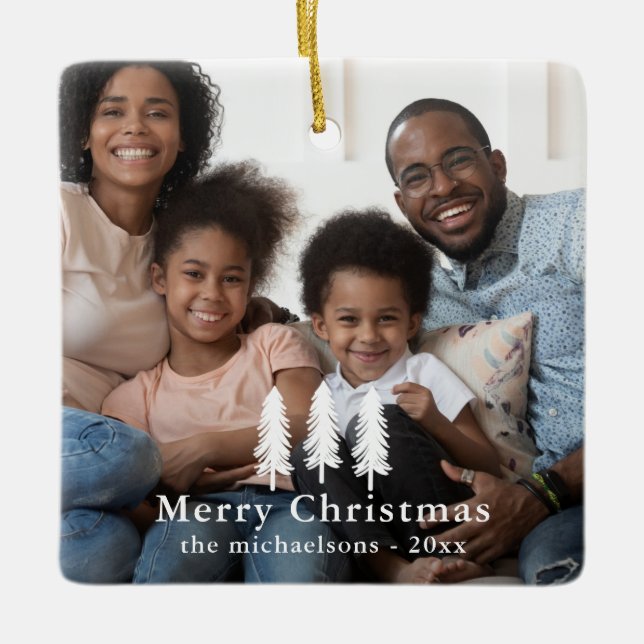 Ornamento De Cerâmica Foto de Natal de Árvores Brancas Russas (Frente)