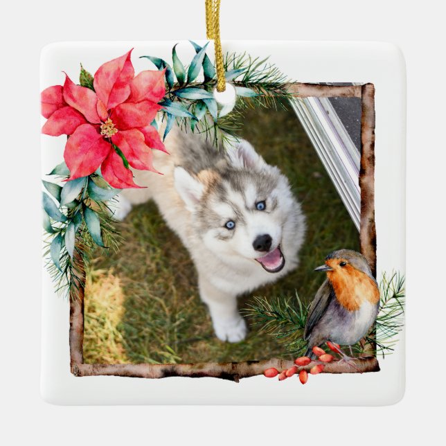 Ornamento De Cerâmica Foto de Natal de Cachorro (Frente)