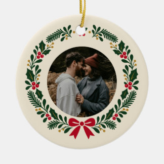 Ornamento De Cerâmica Foto de Natal de Casal de Raposa na Floresta Perso