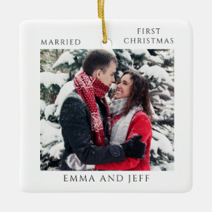 Ornamento De Cerâmica Foto de Natal de Casamento no Primeiro Inverno Nev