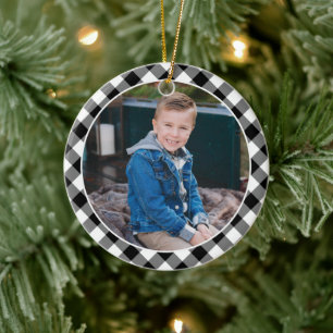Ornamento De Cerâmica Foto de Natal de Crianças com Xadrez de Búfalo Pre