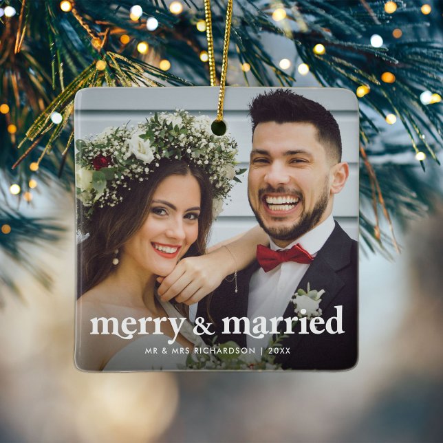Ornamento De Cerâmica Foto de Natal de Newlyweds para felizes e Casados (Criador carregado)