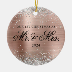 Ornamento De Cerâmica Foto de Natal de Rosa Gold Foil 1rua Glitter Silve