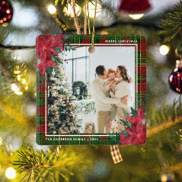 Ornamento De Cerâmica Foto de Natal de Xadrez e Poinsettia Tradiacional