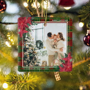 Ornamento De Cerâmica Foto de Natal de Xadrez e Poinsettia Tradiacional