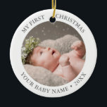 Ornamento De Cerâmica Foto de Natal do Baby 1rua<br><div class="desc">Bebê primeiro Natal Unisex Modern Foto Cerâmica Ornament em uma elegante folha de papel prata branca e neutra do gênero de luxo.</div>