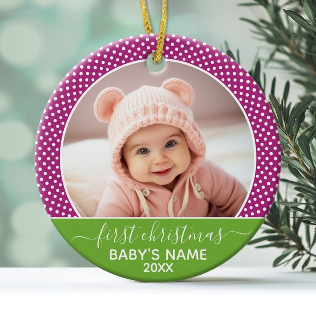 Ornamento De Cerâmica Foto de Natal do Bebê - Lado Solteiro (Personalized Photo Ornament - Baby's First Christmas)