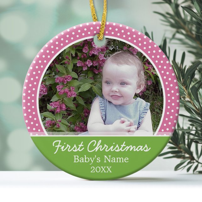Ornamento De Cerâmica Foto de Natal do Bebê - Lado Solteiro (Personalized Photo Ornament - Baby's First Christmas)
