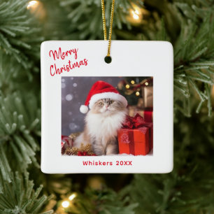 Ornamento De Cerâmica Foto de Natal do Gato Feliz Natal