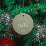 Ornamento De Cerâmica Foto de Natal do Modern Sage Baby<br><div class="desc">Minha primeira Chrismtas: O ornamento do topo do bebê com uma foto,  com uma tipografia moderna e um fundo verde-sábio.</div>