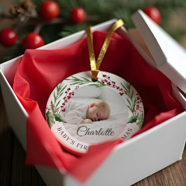 Ornamento De Cerâmica Foto de Natal do Red Cranberry Foliage Baby