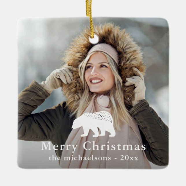 Ornamento De Cerâmica Foto de Natal do Urso Branco Russo (Frente)
