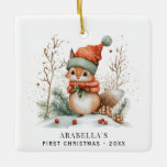 Ornamento De Cerâmica Foto de Natal do Winter Woodland Baby<br><div class="desc">Para o primeiro Natal do bebê. Cena de madeira de inverno em aquarela, na frente, com um esquilo bonito pronto para o inverno. A frente pode ser personalizada com a inclusão de sua escolha de texto. Na parte de trás é onde você pode incluir a foto do seu bebê. Um...</div>