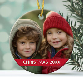 Ornamento De Cerâmica Foto de Natal e Ano Faixa Vermelha Minimalista Mod