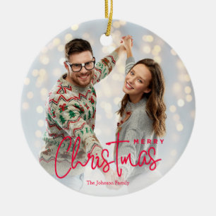 Ornamento De Cerâmica Foto de Natal Elegante rosa feliz